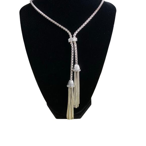 Silver Tone Lariat Style  w  Rhinestone Banded Tassels 20 1/2" Necklace - Picture 1 of 7